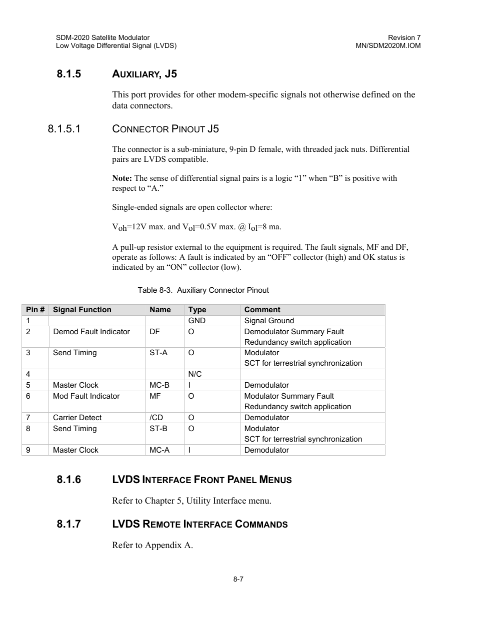 Auxiliary, j5, Lvds interface front panel menus, Lvds remote interface commands | 6 lvds, 7 lvds | Comtech EF Data SDM-2020 User Manual | Page 114 / 266