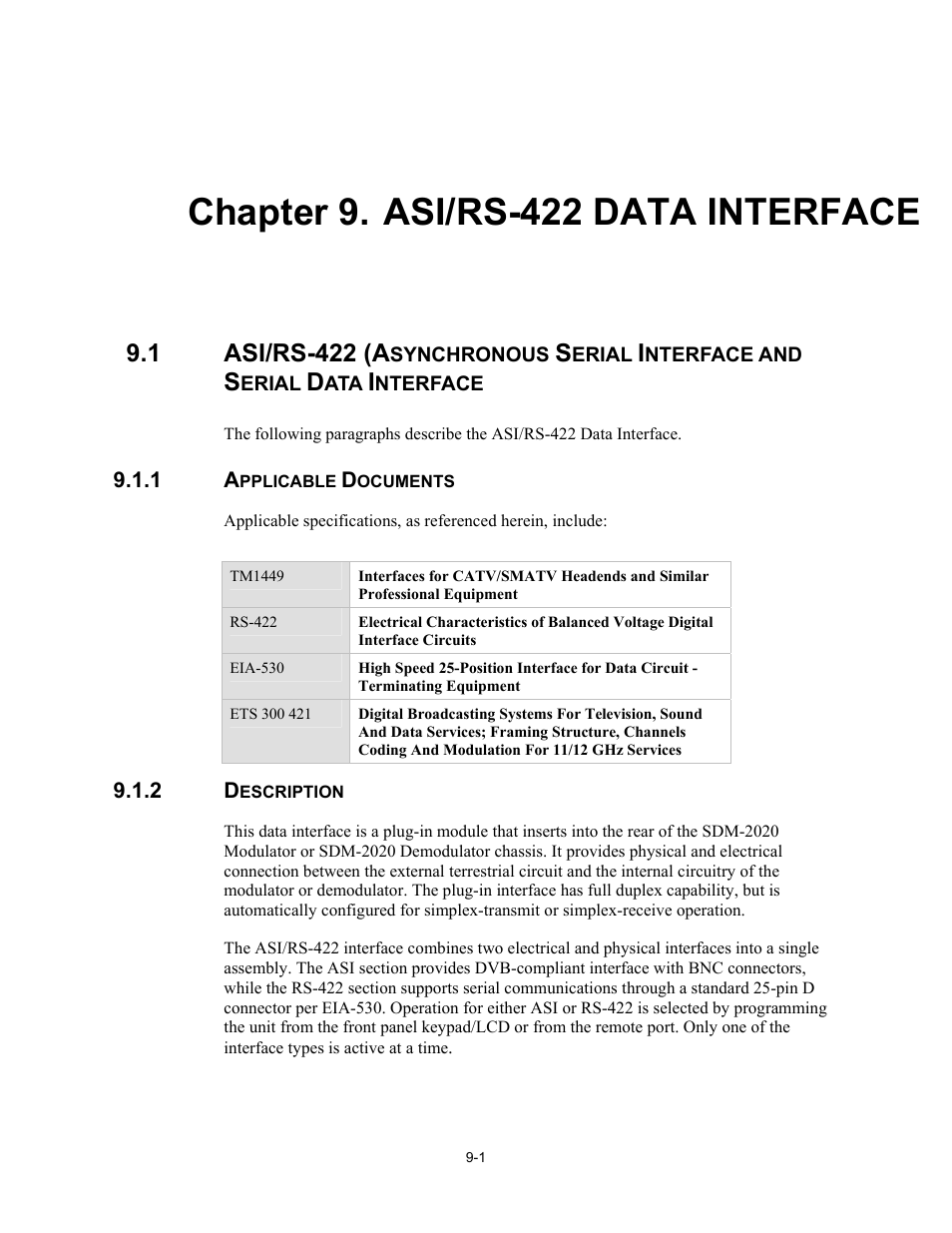 Asi/rs-422 data interface, Applicable documents, Description | Chapter 9. asi/rs-422 d ata interface, 1 asi/rs-422 (a | Comtech EF Data SDM-2020 User Manual | Page 116 / 266
