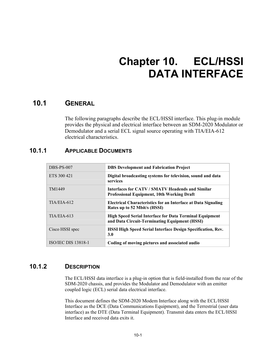 Ecl/hssi data interface, General, Applicable documents | Description, Chapter 10. ecl/hssi data interface | Comtech EF Data SDM-2020 User Manual | Page 122 / 266