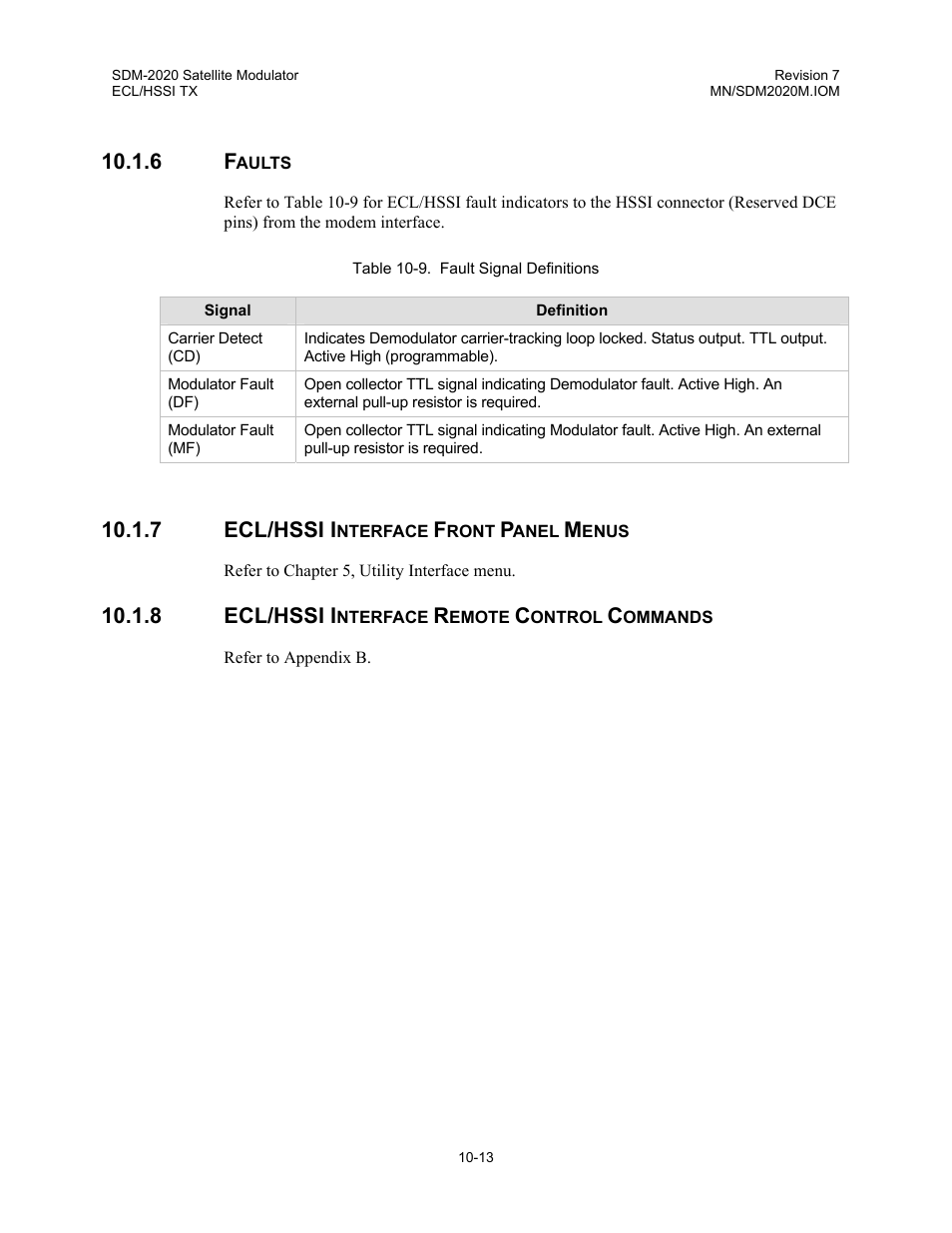 Faults, Ecl/hssi interface front panel menus, Ecl/hssi interface remote control commands | Comtech EF Data SDM-2020 User Manual | Page 134 / 266