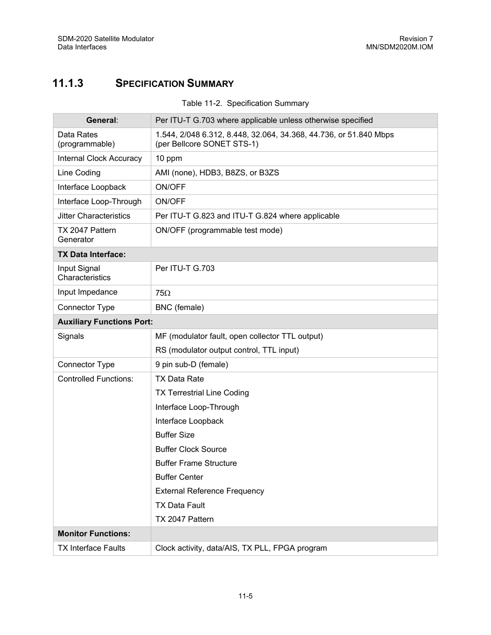 Specification summary | Comtech EF Data SDM-2020 User Manual | Page 140 / 266