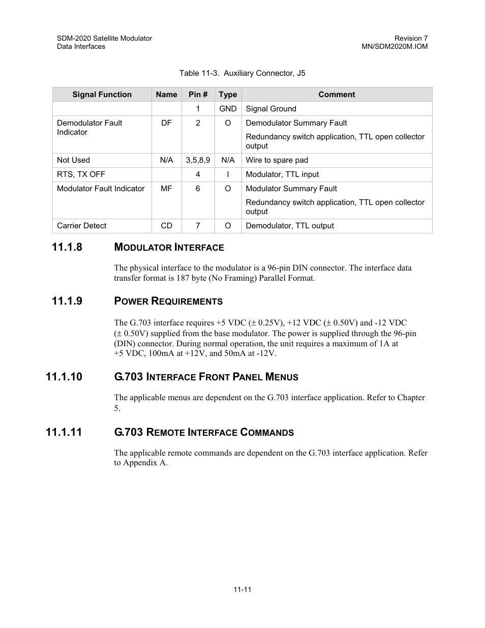 Modulator interface, Power requirements, G.703 interface front panel menus | G.703 remote interface commands | Comtech EF Data SDM-2020 User Manual | Page 146 / 266