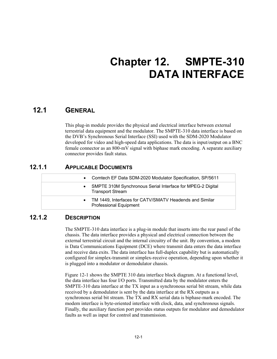 Smpte-310 data interface, General, Applicable documents | Description | Comtech EF Data SDM-2020 User Manual | Page 148 / 266