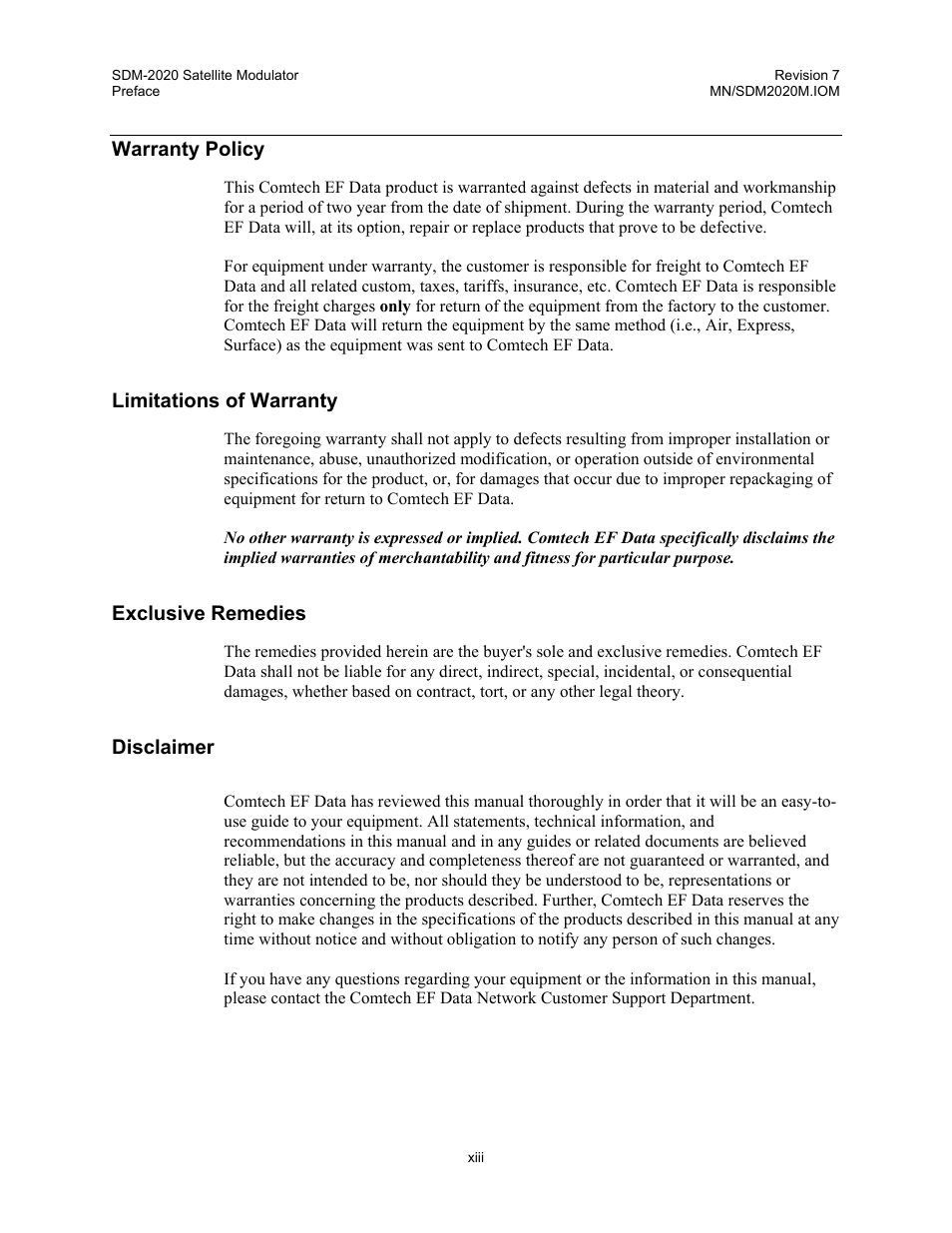 Warranty policy, Limitations of warranty, Exclusive remedies | Disclaimer | Comtech EF Data SDM-2020 User Manual | Page 15 / 266