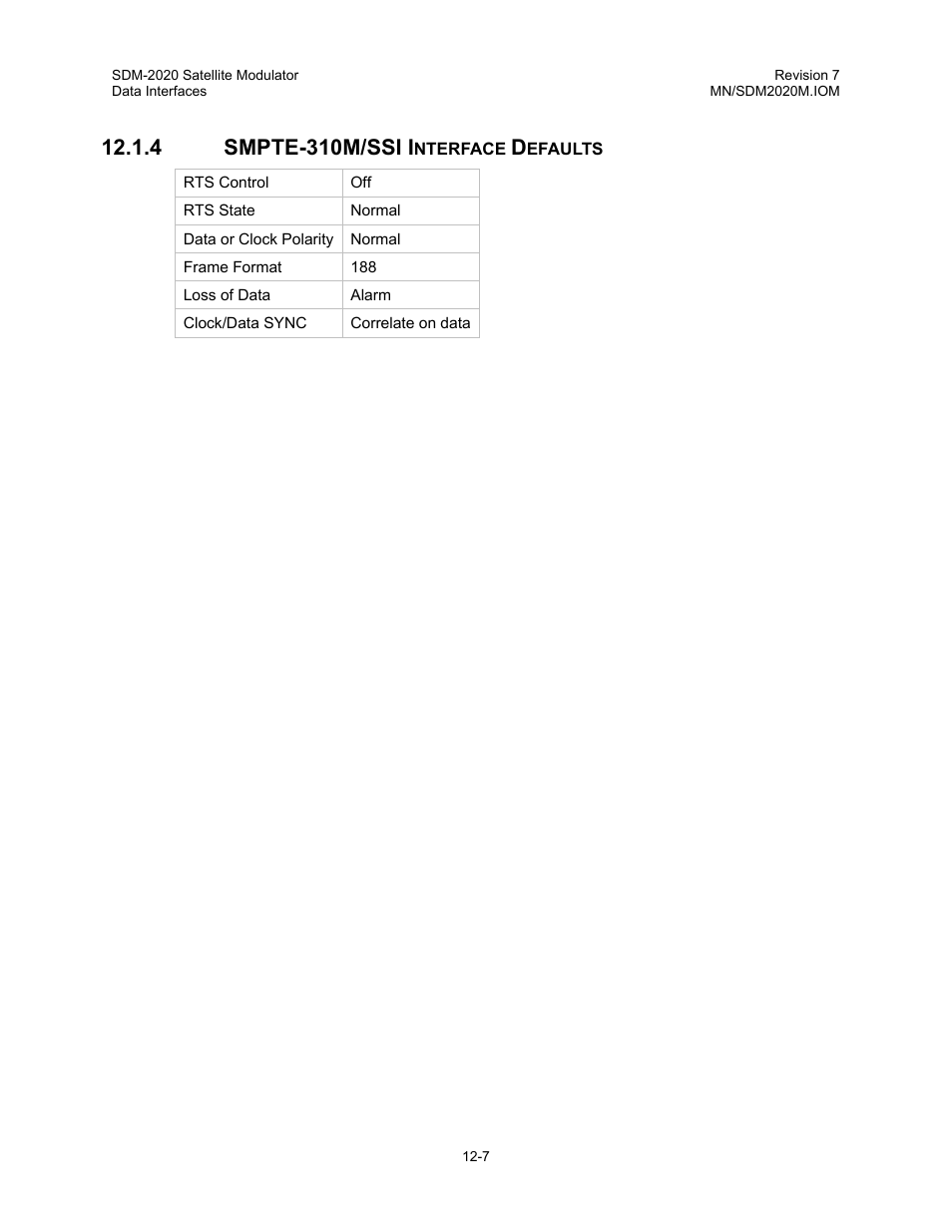 Smpte-310m/ssi interface defaults, 4 smpte-310m/ssi i | Comtech EF Data SDM-2020 User Manual | Page 154 / 266