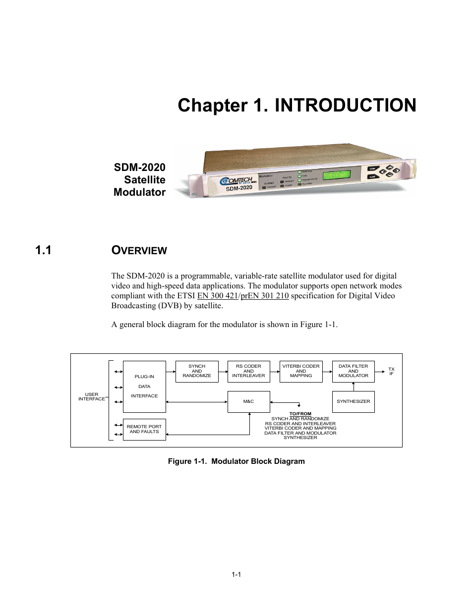 Introduction, Overview, Chapter 1. introduction | Sdm-2020 satellite modulator, Verview | Comtech EF Data SDM-2020 User Manual | Page 17 / 266