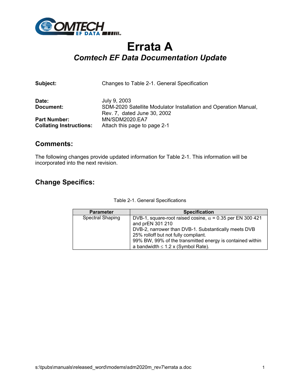 Errata a, Comtech ef data documentation update, Comments | Change specifics | Comtech EF Data SDM-2020 User Manual | Page 213 / 266