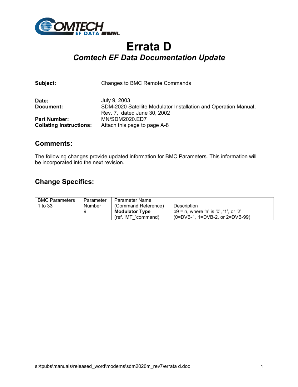 Errata d, Comtech ef data documentation update, Comments | Change specifics | Comtech EF Data SDM-2020 User Manual | Page 214 / 266