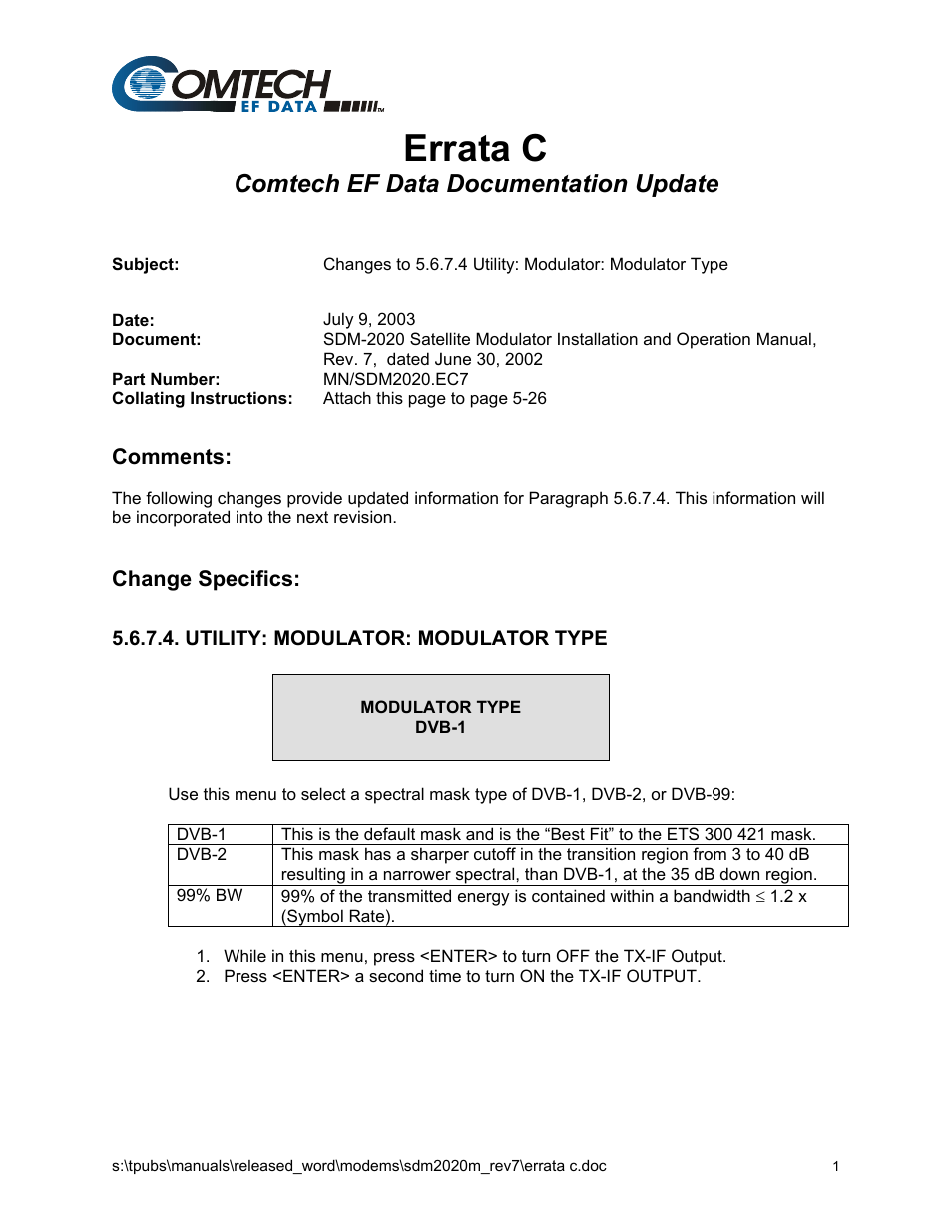 Errata c, Comtech ef data documentation update | Comtech EF Data SDM-2020 User Manual | Page 215 / 266