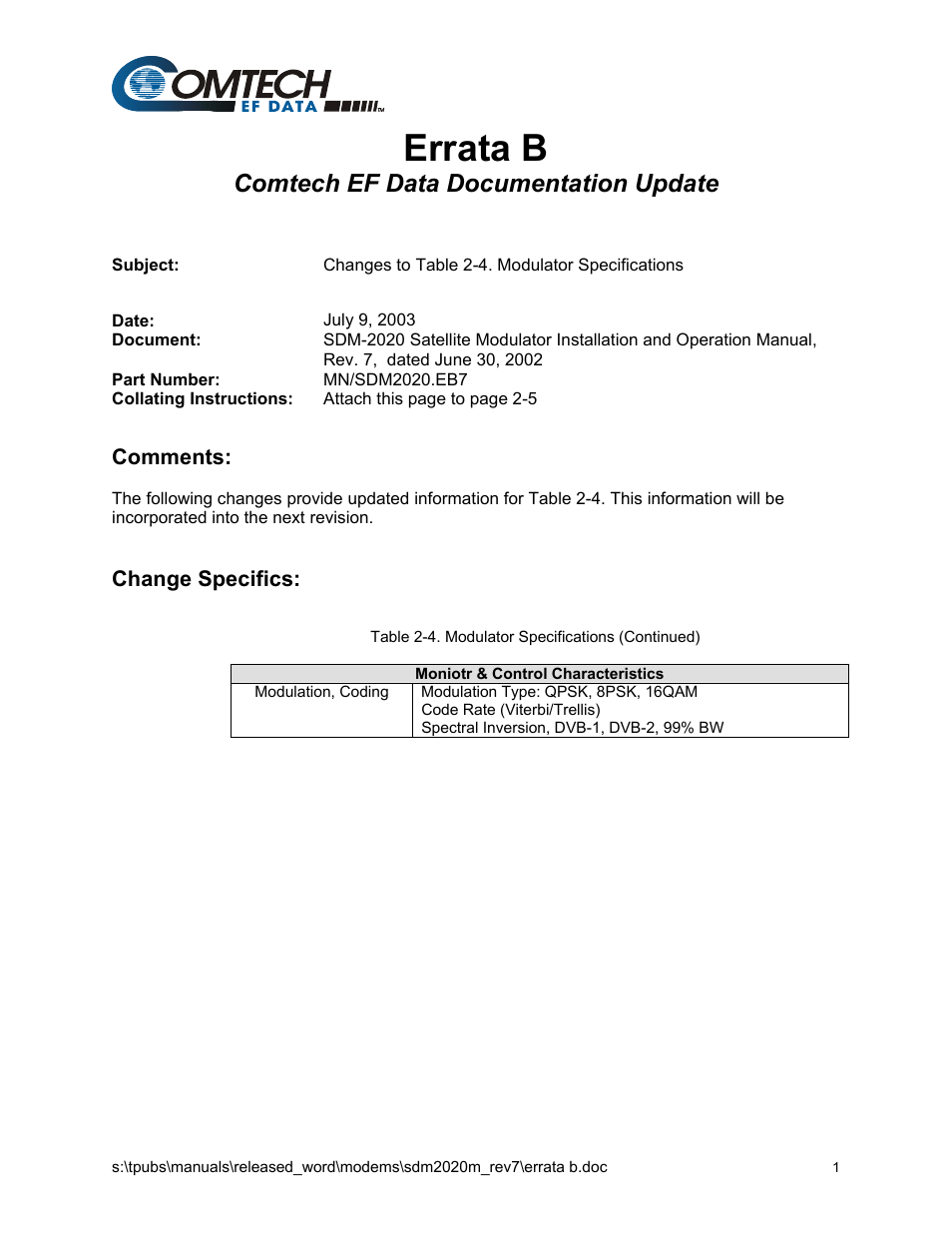 Errata b, Comtech ef data documentation update | Comtech EF Data SDM-2020 User Manual | Page 216 / 266