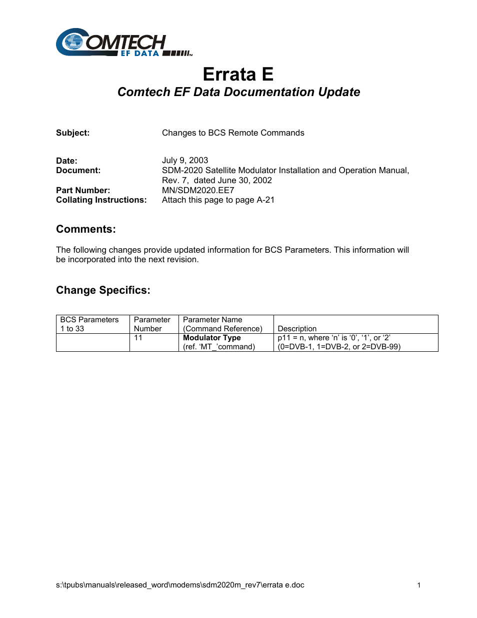 Errata e, Comtech ef data documentation update, Comments | Change specifics | Comtech EF Data SDM-2020 User Manual | Page 217 / 266