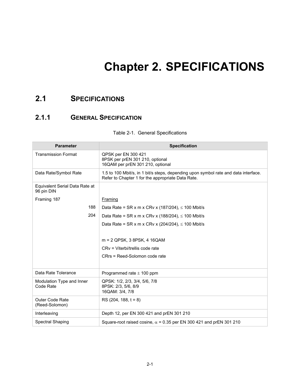 Specifications, 1general specification, Chapter 2. specifications | Pecifications | Comtech EF Data SDM-2020 User Manual | Page 23 / 266