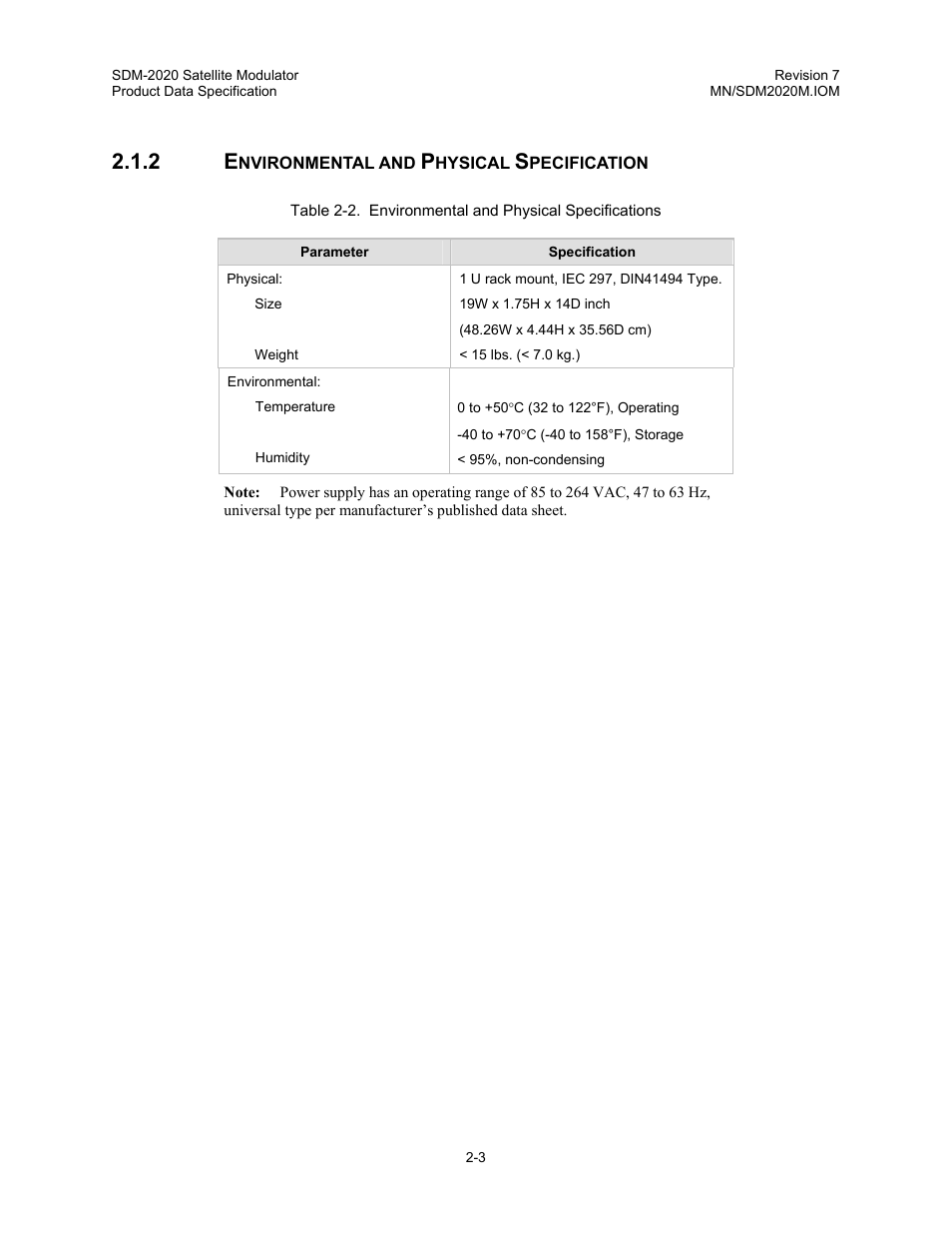 Environmental and physical specification | Comtech EF Data SDM-2020 User Manual | Page 25 / 266