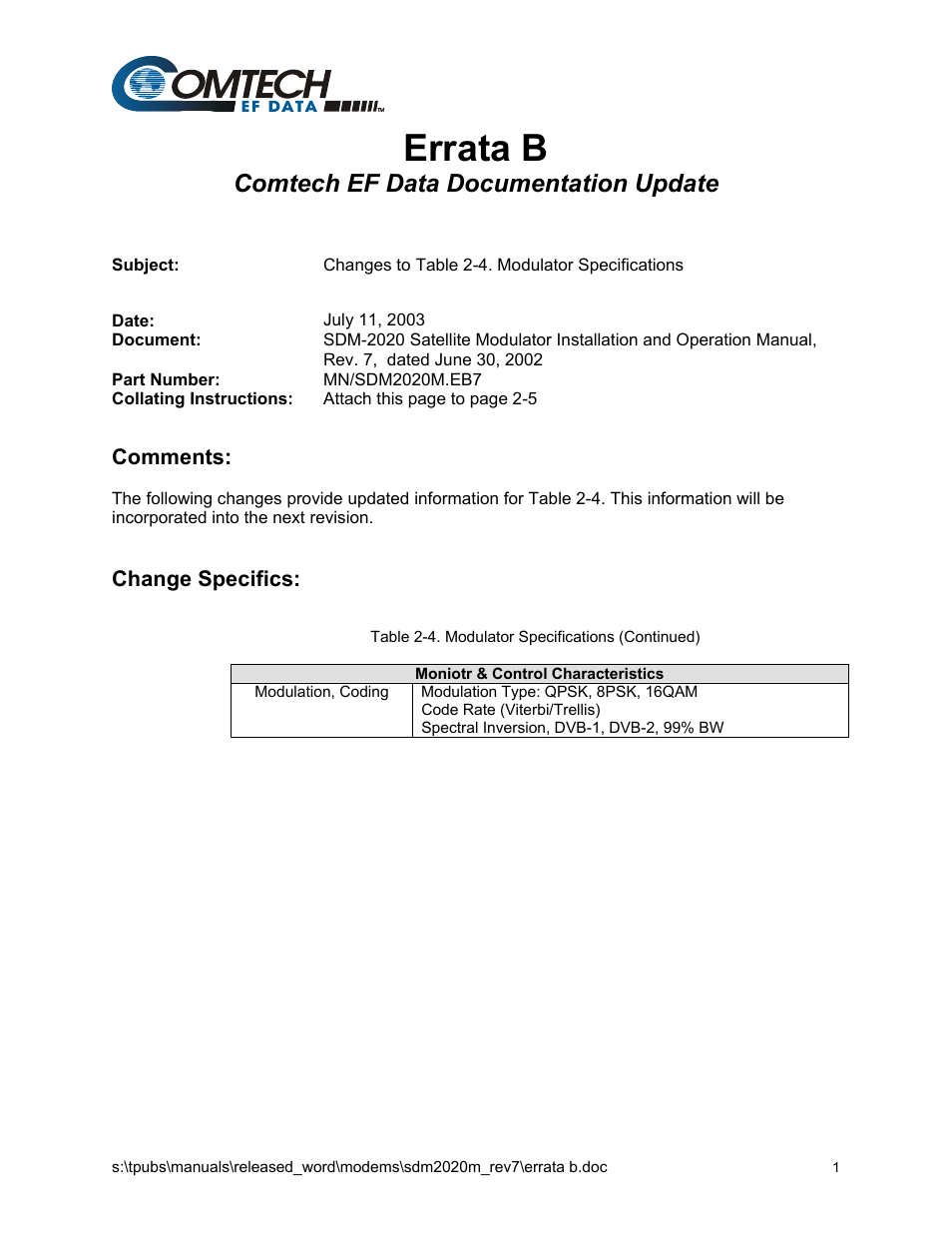 Errata b, Comtech ef data documentation update | Comtech EF Data SDM-2020 User Manual | Page 261 / 266