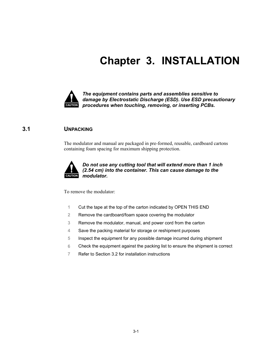 Installation, Unpacking, Chapter 3. installation | Comtech EF Data SDM-2020 User Manual | Page 31 / 266