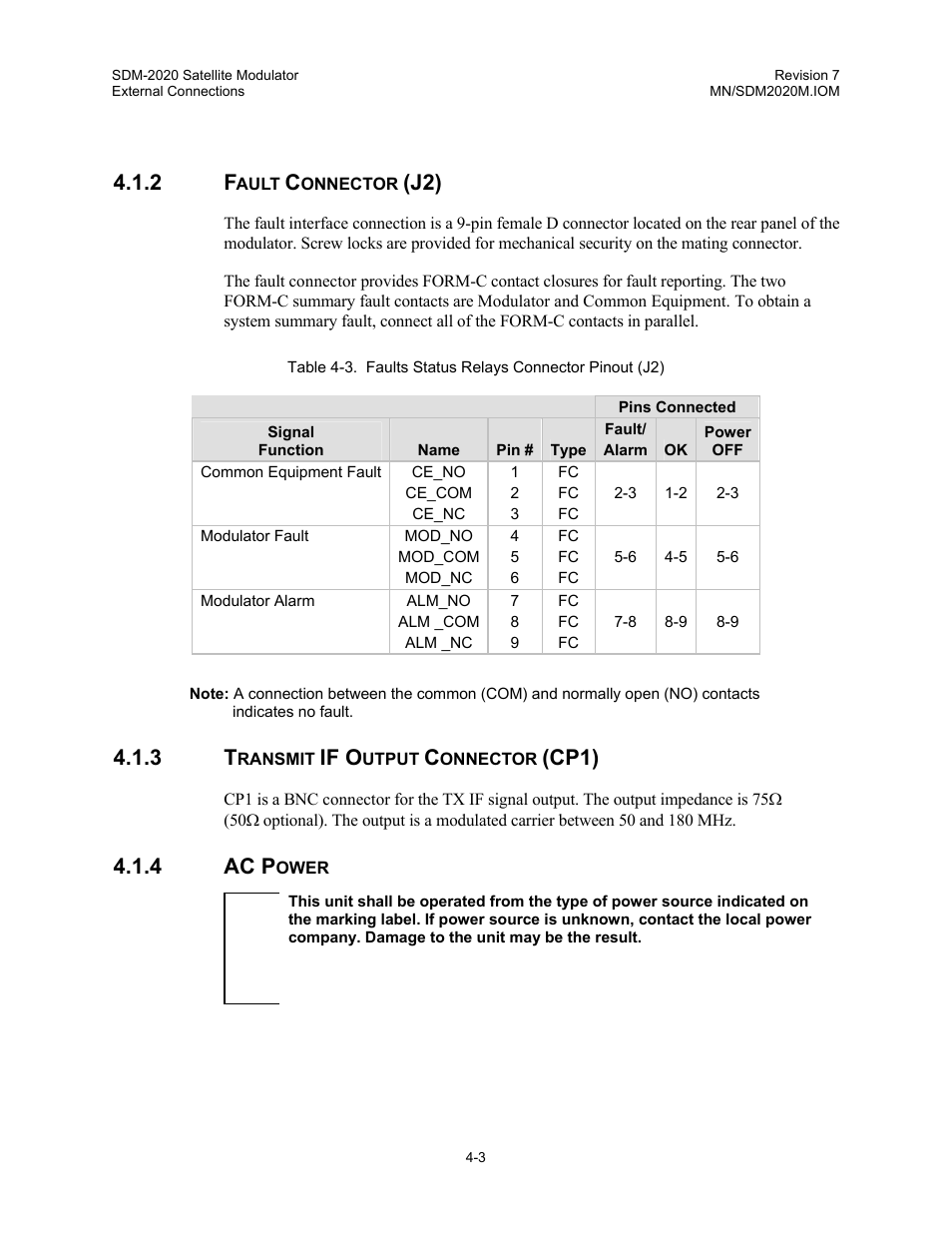 Fault connector (j2), Transmit if output connector (cp1), Ac power | If o, Cp1), 4 ac p | Comtech EF Data SDM-2020 User Manual | Page 39 / 266