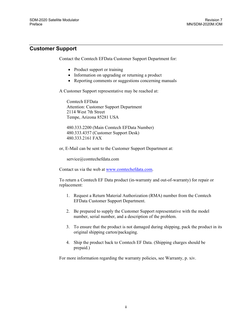 Customer support | Comtech EF Data SDM-2020 User Manual | Page 4 / 266