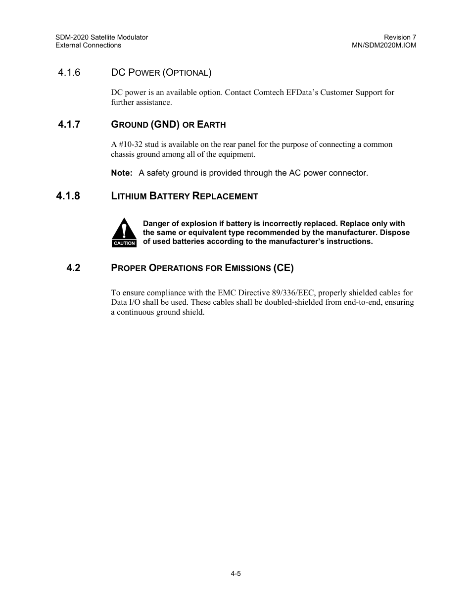 Dc power (optional), Ground (gnd) or earth, Lithium battery replacement | Proper operations for emissions (ce) | Comtech EF Data SDM-2020 User Manual | Page 41 / 266