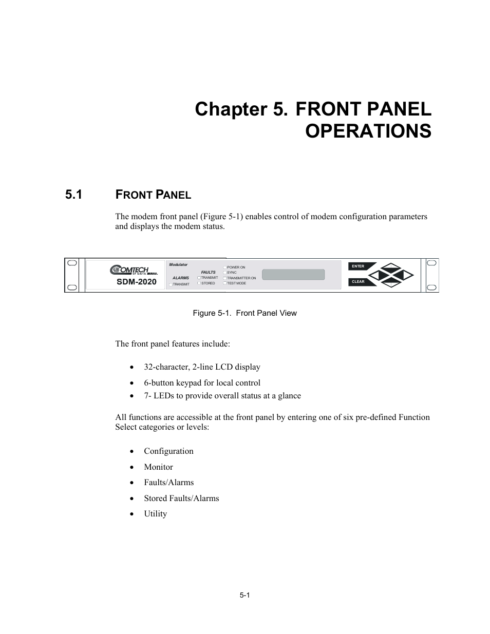 Front panel operations, Front panel, Chapter 5. front panel operations | Ront, Anel | Comtech EF Data SDM-2020 User Manual | Page 43 / 266