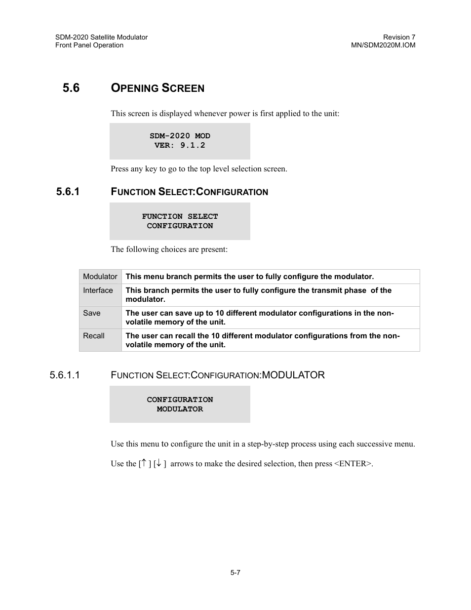 Opening screen, Function select:configuration | Comtech EF Data SDM-2020 User Manual | Page 49 / 266