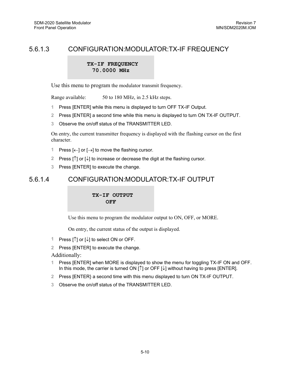 3 configuration:modulator:tx-if frequency, 4 configuration:modulator:tx-if output | Comtech EF Data SDM-2020 User Manual | Page 52 / 266