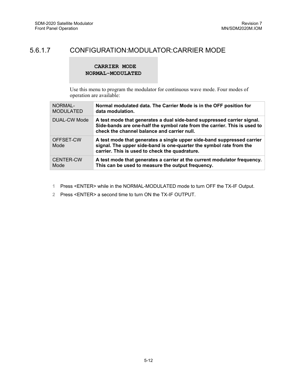 7 configuration:modulator:carrier mode | Comtech EF Data SDM-2020 User Manual | Page 54 / 266