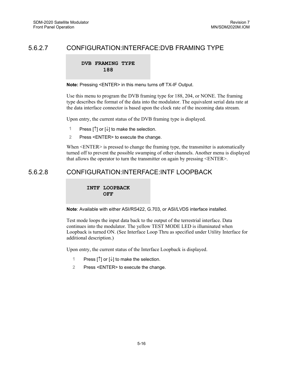 7 configuration:interface:dvb framing type, 8 configuration:interface:intf loopback | Comtech EF Data SDM-2020 User Manual | Page 58 / 266