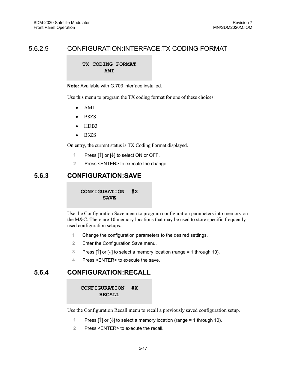 Configuration:save, Configuration:recall, 9 configuration:interface:tx coding format | 3 configuration:save, 4 configuration:recall | Comtech EF Data SDM-2020 User Manual | Page 59 / 266