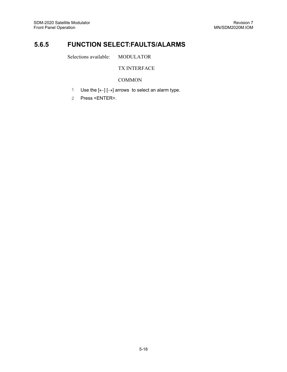 Function select:faults/alarms, 5 function select:faults/alarms | Comtech EF Data SDM-2020 User Manual | Page 60 / 266