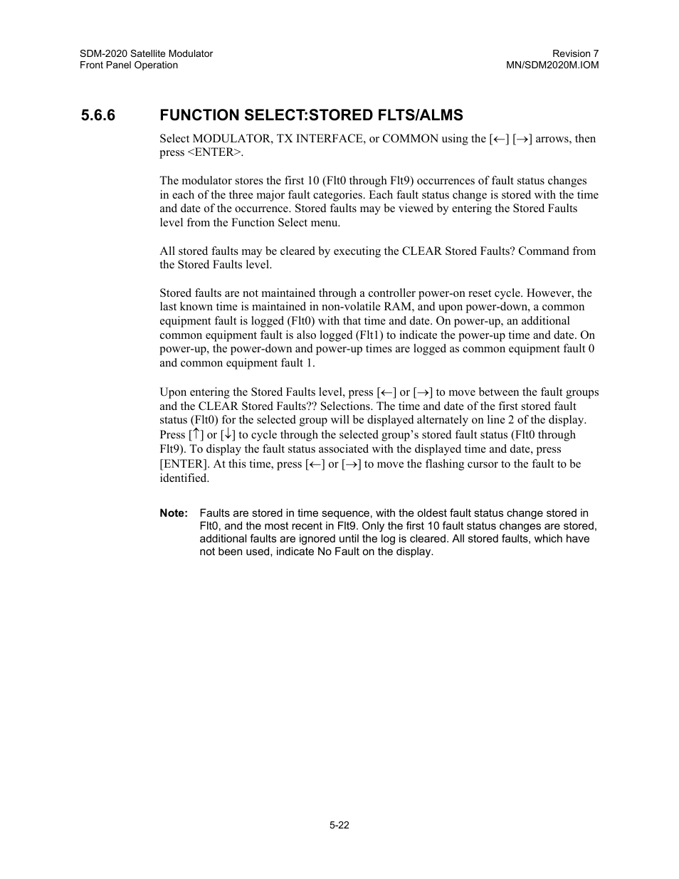 Function select:stored flts/alms, 6 function select:stored flts/alms | Comtech EF Data SDM-2020 User Manual | Page 64 / 266