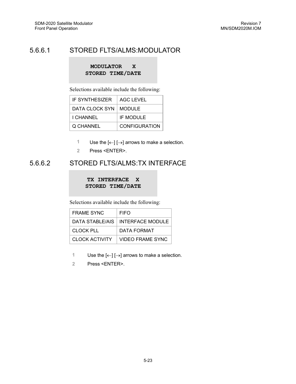 1 stored flts/alms:modulator, 2 stored flts/alms:tx interface | Comtech EF Data SDM-2020 User Manual | Page 65 / 266