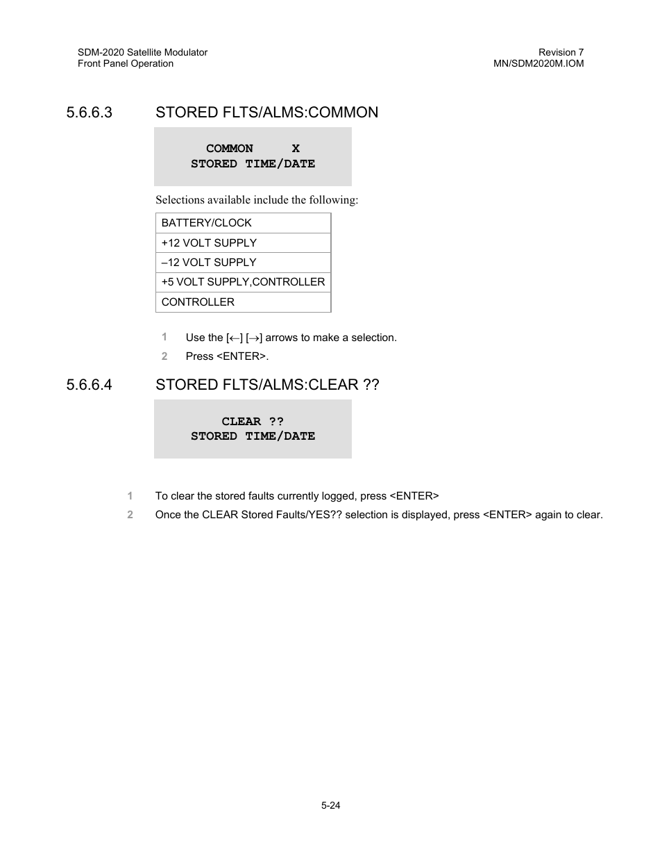 3 stored flts/alms:common, 4 stored flts/alms:clear | Comtech EF Data SDM-2020 User Manual | Page 66 / 266