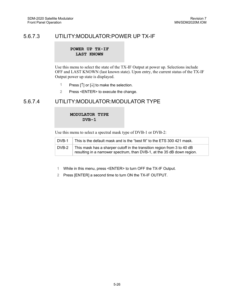 3 utility:modulator:power up tx-if, 4 utility:modulator:modulator type | Comtech EF Data SDM-2020 User Manual | Page 68 / 266