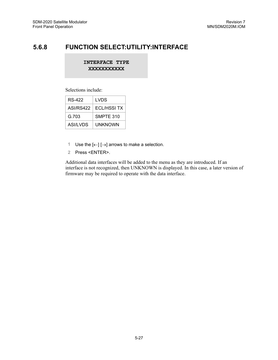 Function select:utility:interface, 8 function select:utility:interface | Comtech EF Data SDM-2020 User Manual | Page 69 / 266