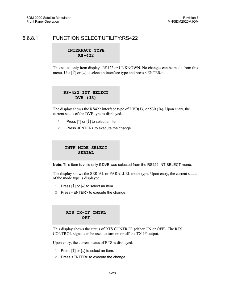 1 function select:utility:rs422 | Comtech EF Data SDM-2020 User Manual | Page 70 / 266