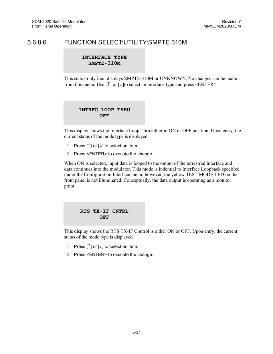 6 function select:utility:smpte 310m | Comtech EF Data SDM-2020 User Manual | Page 79 / 266