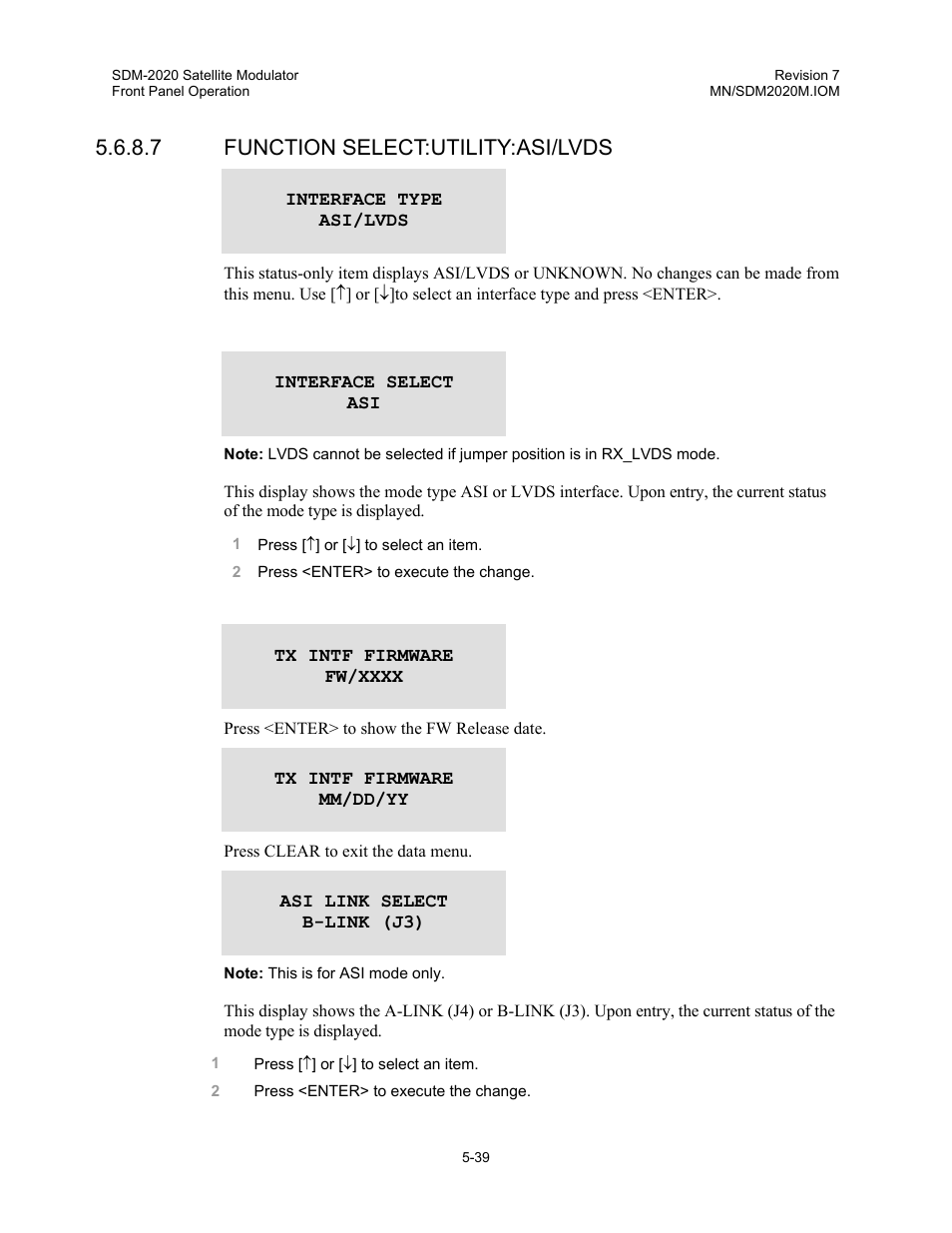 7 function select:utility:asi/lvds | Comtech EF Data SDM-2020 User Manual | Page 81 / 266