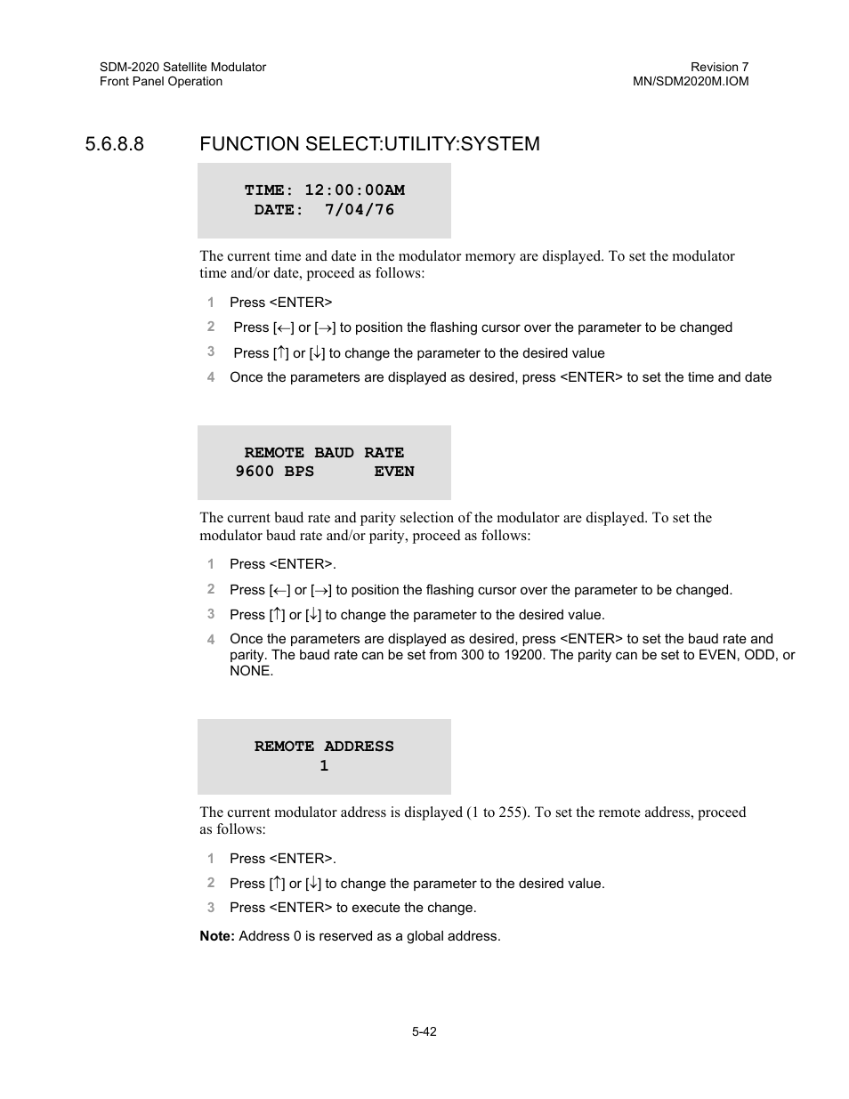 8 function select:utility:system | Comtech EF Data SDM-2020 User Manual | Page 84 / 266