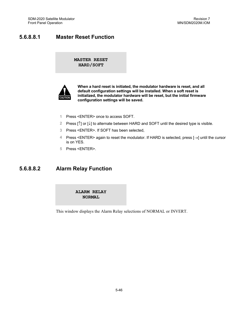 1 master reset function, 2 alarm relay function | Comtech EF Data SDM-2020 User Manual | Page 88 / 266