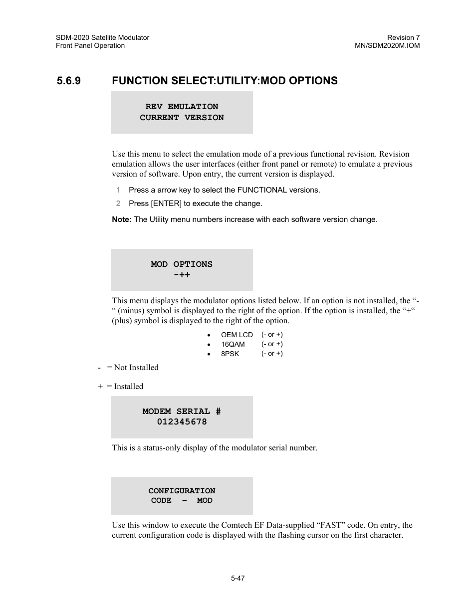 Function select:utility:mod options | Comtech EF Data SDM-2020 User Manual | Page 89 / 266