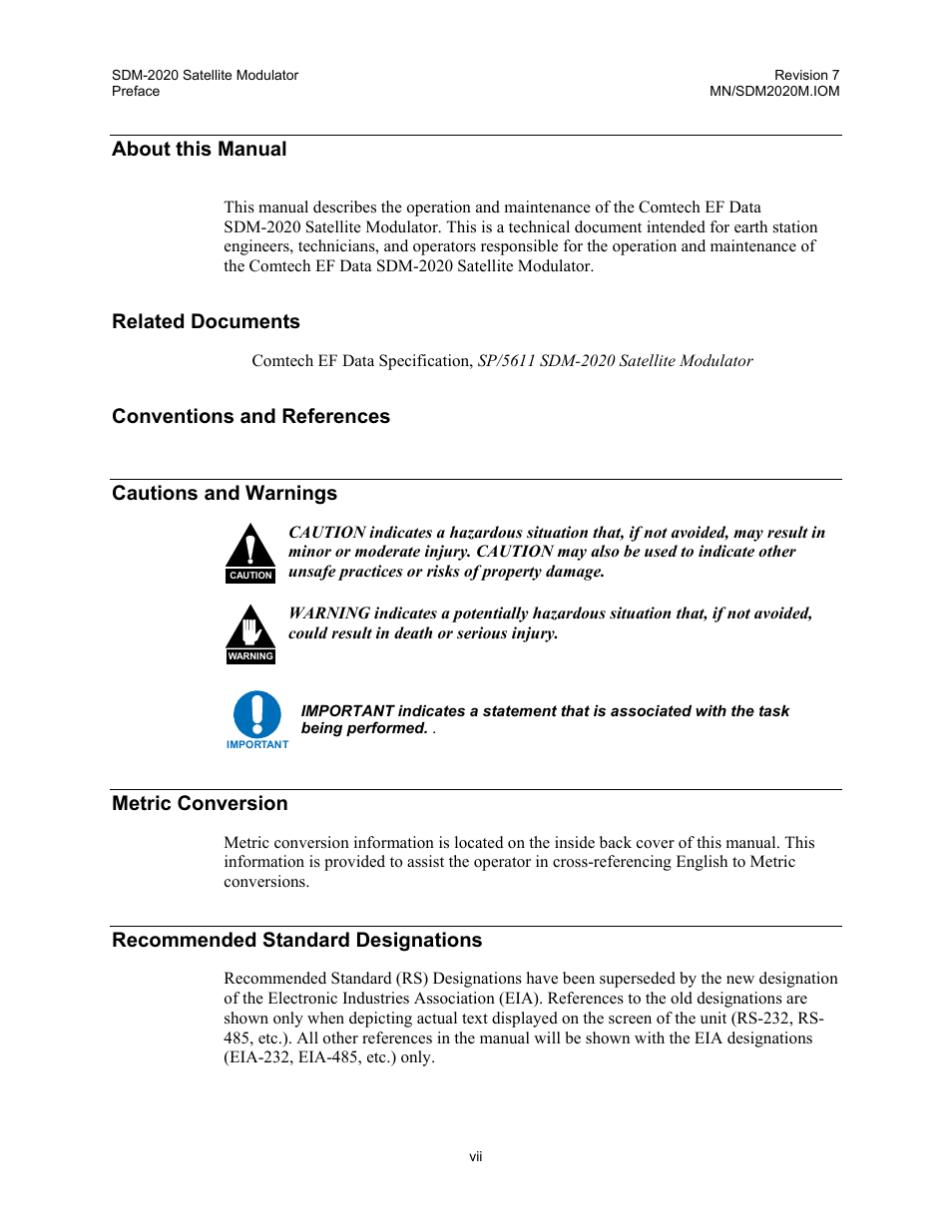 About this manual, Related documents, Conventions and references | Conventions and references cautions and warnings, Metric conversion, Recommended standard designations | Comtech EF Data SDM-2020 User Manual | Page 9 / 266