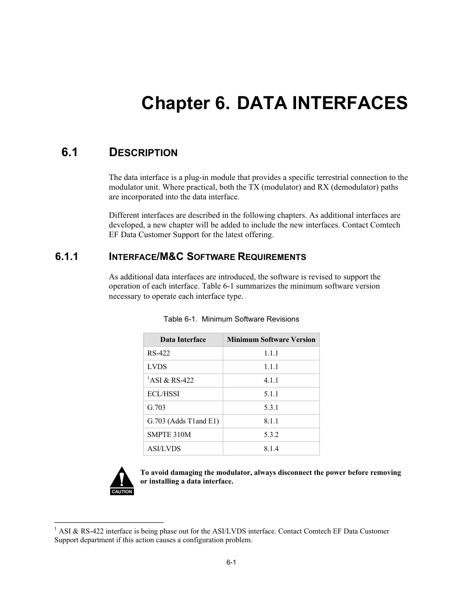 Data interfaces, Description, Interface/m&c software requirements | Chapter 6. data interfaces, M&c s | Comtech EF Data SDM-2020 User Manual | Page 95 / 266