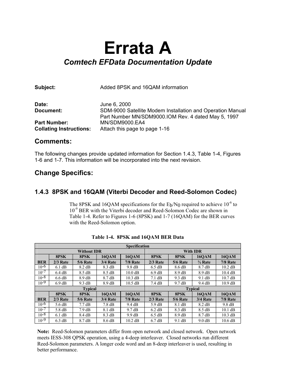 Errata a, Comtech efdata documentation update, Comments | Change specifics | Comtech EF Data SDM-9000 User Manual | Page 3 / 256