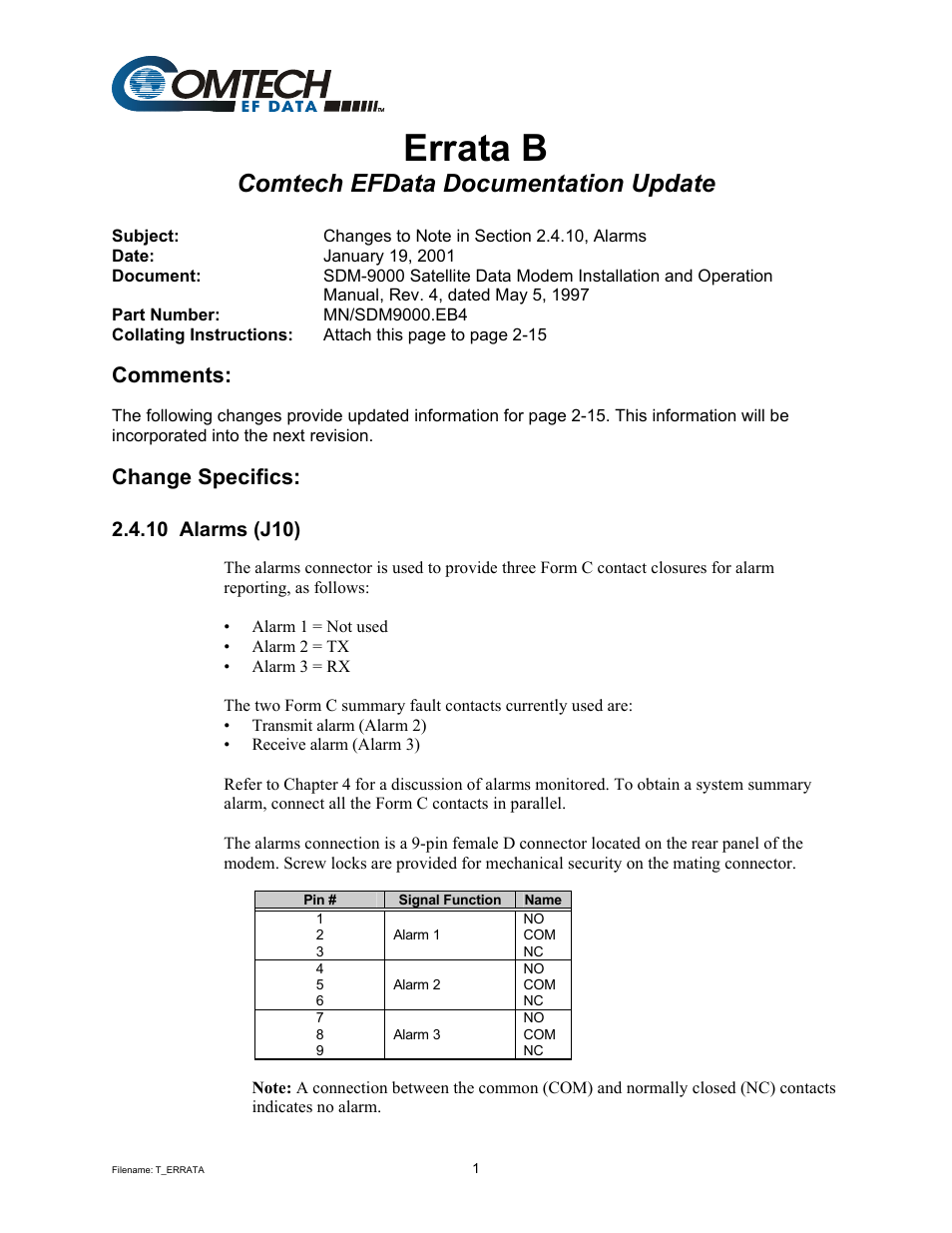 Errata b, Comtech efdata documentation update, Comments | Change specifics, 10 alarms (j10) | Comtech EF Data SDM-9000 User Manual | Page 6 / 256
