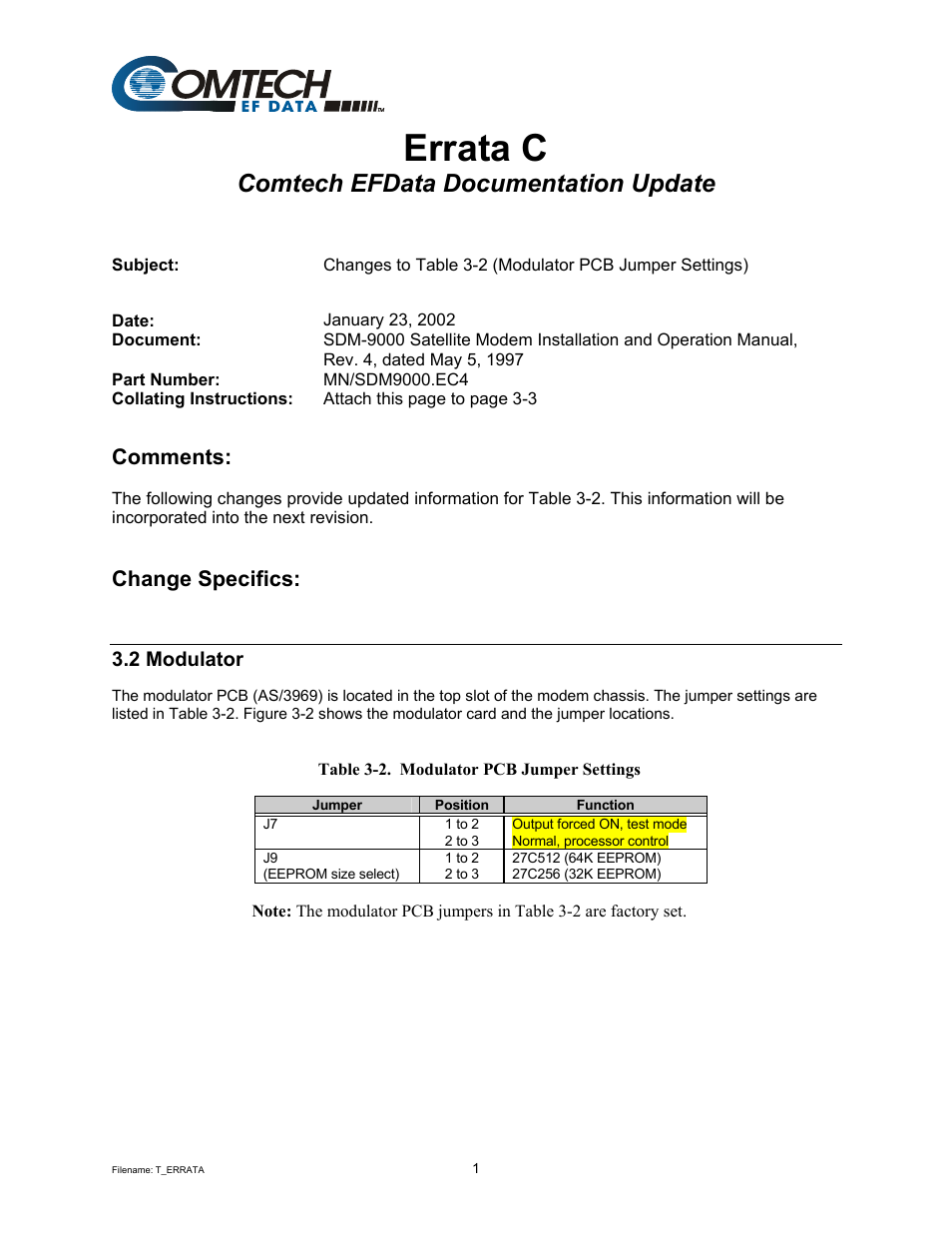 Errata c, Comtech efdata documentation update, Comments | Change specifics | Comtech EF Data SDM-9000 User Manual | Page 7 / 256