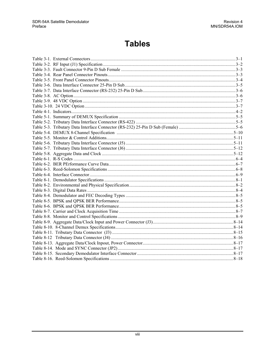 Tables | Comtech EF Data SDR-54A User Manual | Page 10 / 96