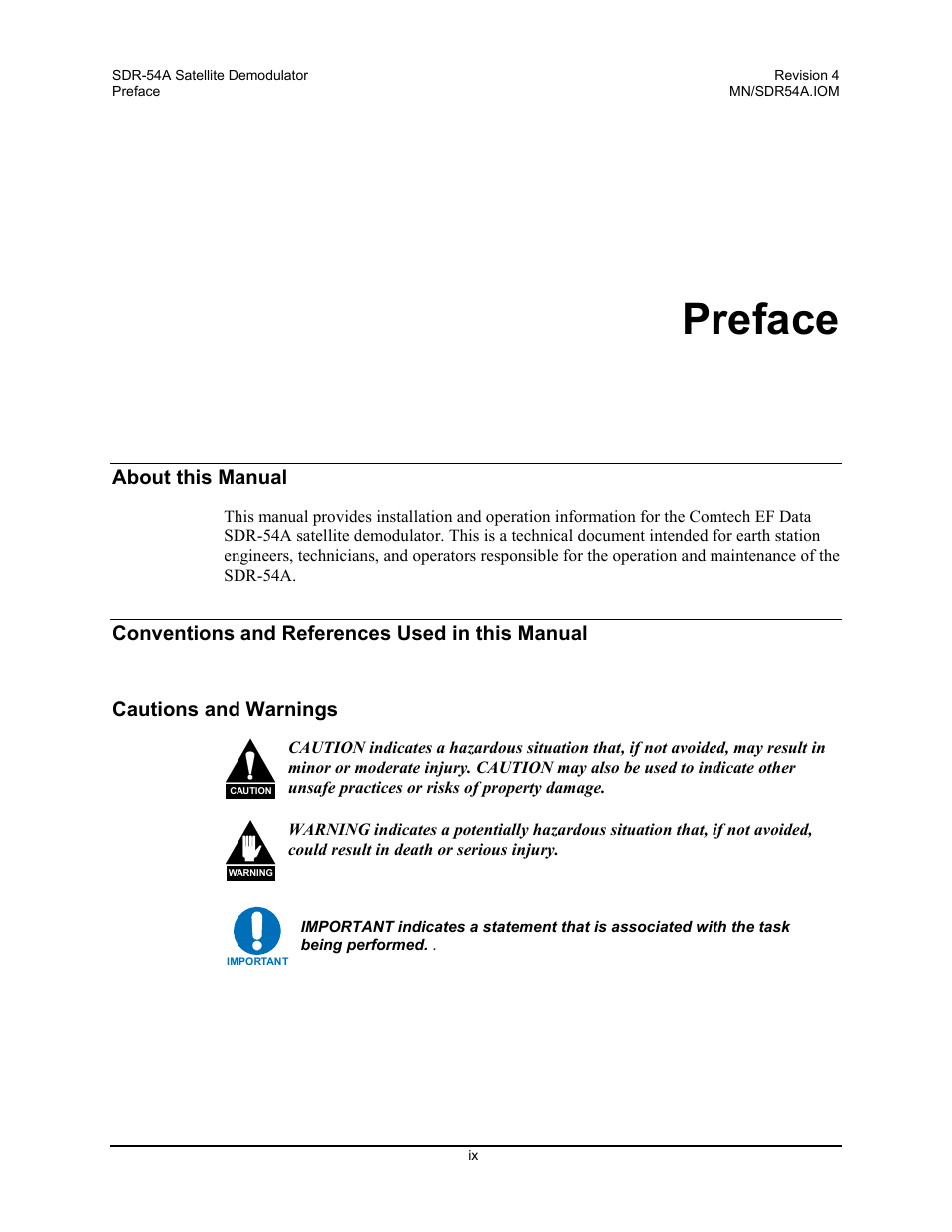 Preface, About this manual, Conventions and references used in this manual | Cautions and warnings | Comtech EF Data SDR-54A User Manual | Page 11 / 96