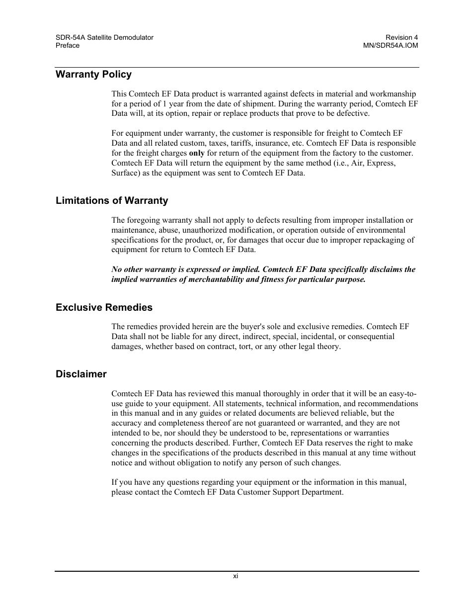Warranty policy, Limitations of warranty, Exclusive remedies | Disclaimer | Comtech EF Data SDR-54A User Manual | Page 13 / 96