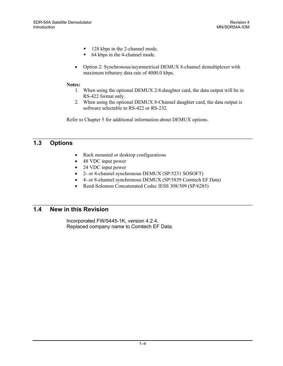 Options, New in this revision | Comtech EF Data SDR-54A User Manual | Page 18 / 96