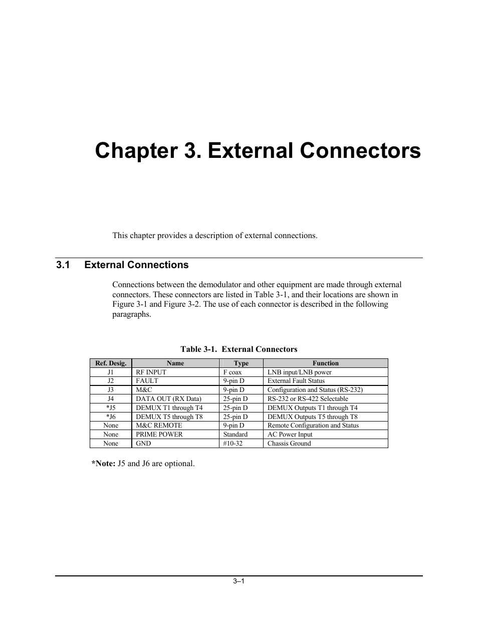 External connectors, External connections, Chapter 3. external connectors | 1 external connections | Comtech EF Data SDR-54A User Manual | Page 23 / 96